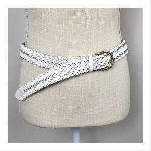 Womens White Woven Braided Genuine Leather Belt Medium Gold Buckle 1.25" W 43" L
